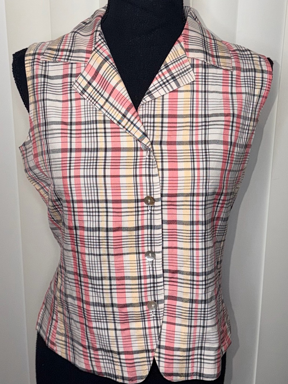 EDWARD Edward Women’s Plaid Silk Vest White Pink Yellow Black Sz Small EUC